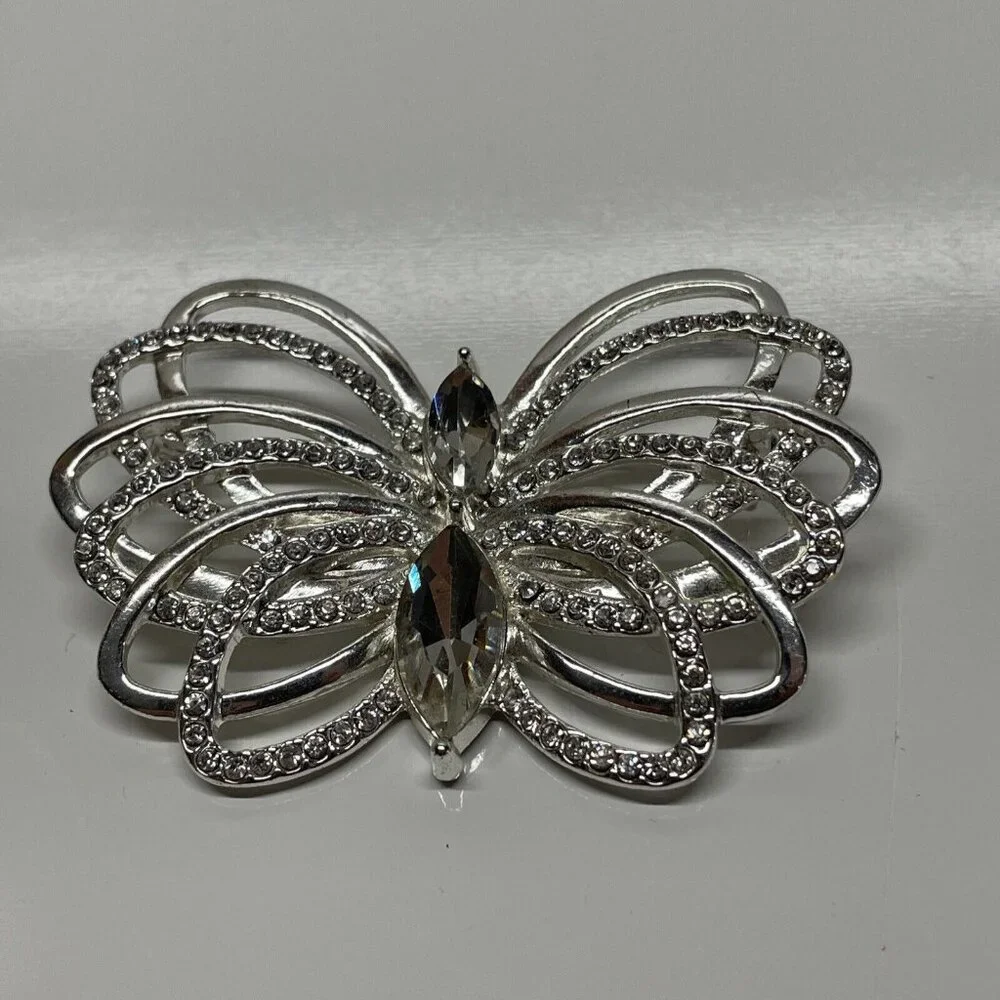 Dana‎ Buchman Butterfly Pin Brooch Clear Rhinestones Silver Tone Unsigned